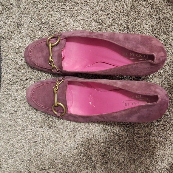 Coach "Aubry" leather suede slip-on loafer heels brass accent - 10 - merlot red - Picture 7 of 11